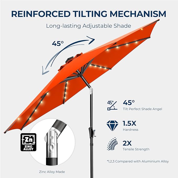 HOMSHADE 9ft Solar Patio Umbrella - Solar Lights LED Lighted Outdoor Market Table Umbrella, UPF50+ UV Protection with Push Button Tilt, Crank for Pool Deck and Garden (Neon Orange)