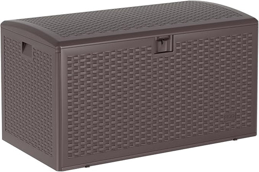 Large Resin Deck Box 120 Gallon with Lockable Lid, Waterproof Outdoor Storage Box and 500-Lb Bench Seat for Patio Cushions, Pool Toys, Garden Tools, Porch, Backyard, Deck, and Indoor Use