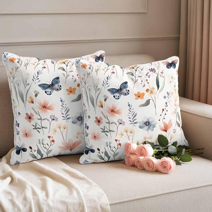 Spring Flower Butterfly Outdoor Waterproof Throw Pillow Covers Set of 2, 20"x20", Retro Watercolor Floral Leaf Decorative Pillow Covers Outside Cushion Case for Patio Porch Garden