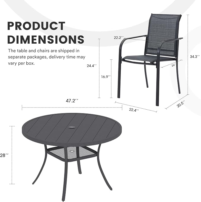 7 Pieces Patio Dining Set, 47" Round Dining Table with Umbrella Hole, 6 Stackable Textilene Fabric Chairs, Metal Structure for Patio, Porch, Garden(Black Table, Grey Chair)