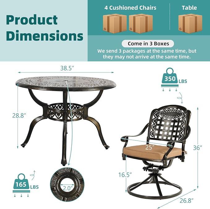 MEETWARM 5-Piece Outdoor Patio Dining Set, All-Weather Cast Aluminum Patio Conversation Set with 4 Cushions Swivel Rocker Chairs for Backyard Garden Deck and 38.5" Round Table, 2.2" Umbrella Hole