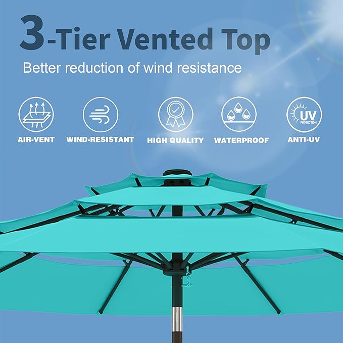 PatioKingdom 9ft 3-Tier Patio Market Umbrella with Crank/Tilt, Commercial Heavy Duty Wind Proof,Outdoor Table Umbrella with 8 Fiberglass Ribs,UPF50+ for Deck,Pool,Garden,Backyard (Peacock Blue)