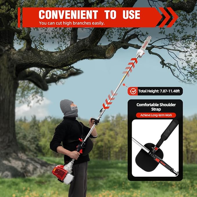 2-Stroke 43CC Gas Trimmer Saw, 12 in Gas Powered Pole Saw Tree Trimmer Chainsaw Side-attached Branch Cutter Split Shaft Pruner Trimmer with Extension Pole for Agriculture, Gardening