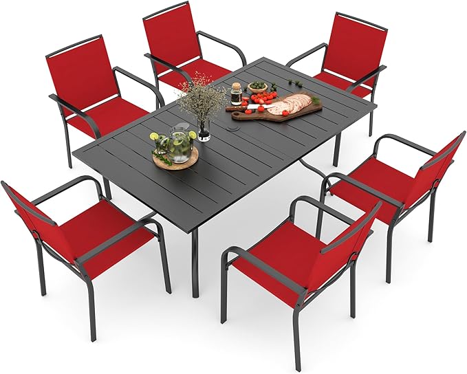 Anmutig 7-Piece Outdoor Patio Dining Set, 6 Stackable Patio Chairs and 63" x 38" Rectangular Dining Table with All Weather Frame Furniture Set - Cherry