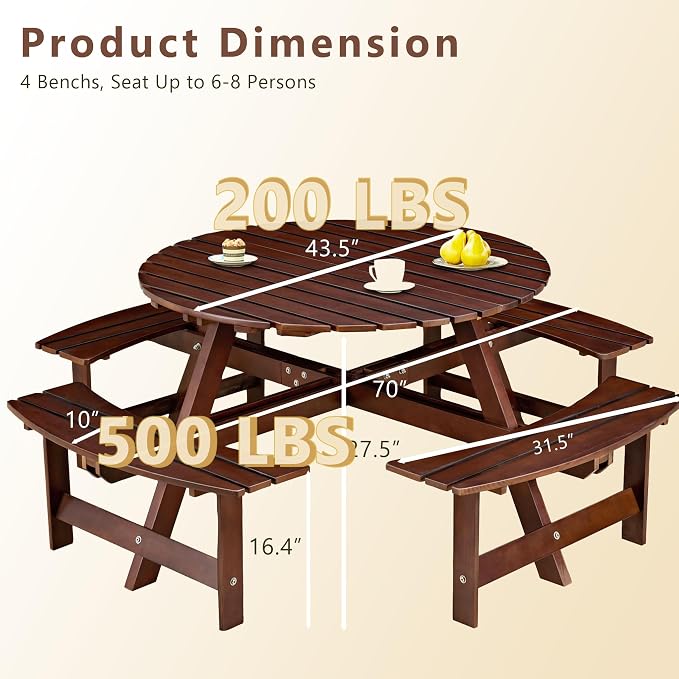8 Person Outdoor Picnic Table, Round Dining Table with 4 Built-in Benches and Umbrella Hole, Outside Garden Backyard Table and Bench Set, 500lbs Capacity Per Bench (Brown)