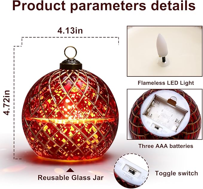 Birthday Glass Flameless LED Candles Wedding Decorative Light Birthday Gift for Her,Battery Operated Flickering Electric LED Ball Candles,Jar Candle for Home Party with Glass Cover Gifts for Wife(Red)