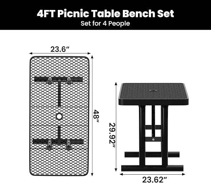4FT Metal Picnic Tables for Outdoors, Commercial Rectangular Picnic Table for Outside, Park, Campfield, Patio, Garden, Yard, Thermoplastic Coating, Surface Mounted, Black