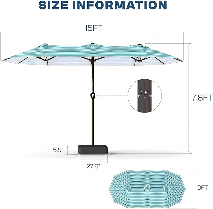 15FT Patio Umbrella with Solar Lights, Double-Sided Extra Large Outdoor Table Umbrella with Base Included, Heavy-Duty 12 Iron Ribs Market Umbrella for Garden, Pool, Backyard, Green Stripes