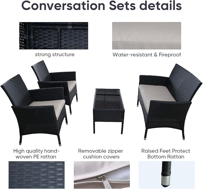 Outdoor Furniture Set of 4 Pieces with PE Waterproof Rattan Tempered Glass Table and Thick Cushions Suitable for Gardens Porches Terraces and Balconies Easy to Assemble Black and Beige