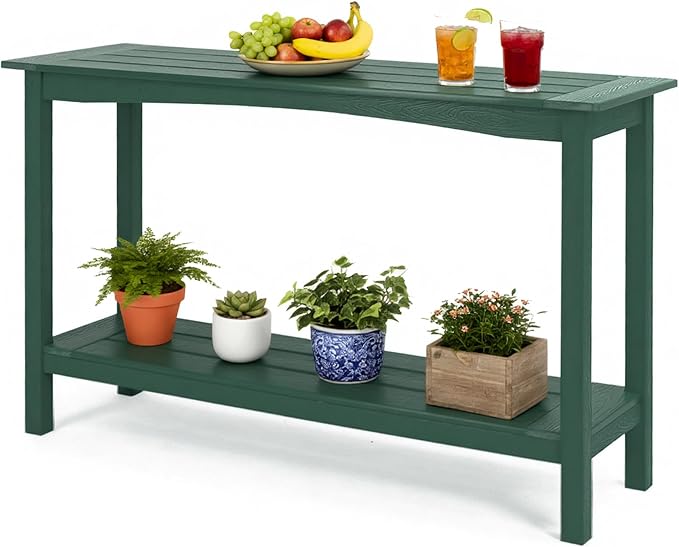 Outdoor Console Table, All-Weather 2-Tier Patio Console Table, Outside Plant Stand Table, Low Maintenance, Never Rot or Fade, HIPS Table for Indoor, Backyard, Garden, Entryway, Green