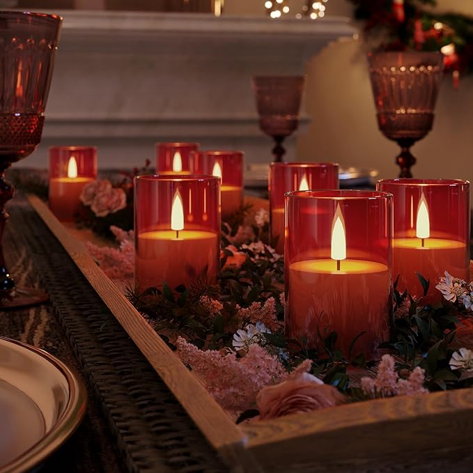 VIODAIM 12Pack Flickering Flameless LED Candles with Timer, Battery Powered - Small Pillar & Votive, Red (2"X3")