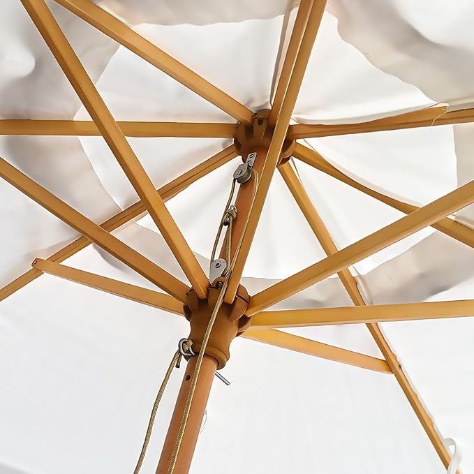 AMMSUN 8.2ft Vintage Wood Outdoor Umbrella, with a pulley system, UPF 50+, for markets, gardens, porches, courtyards, beach terraces, cafes, taverns, dining tables, pool sides, wedding venues