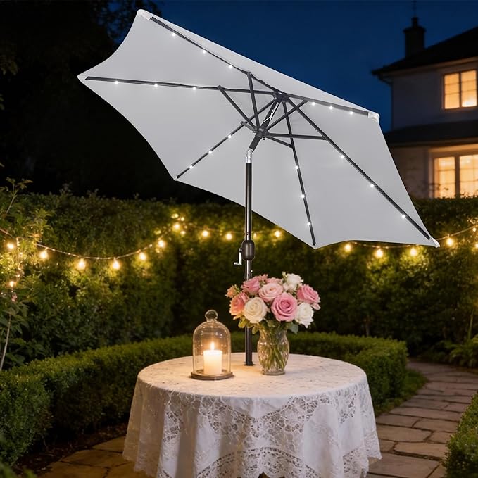 Blissun 7.5 ft Solar Umbrella, 18 LED Lighted Patio Umbrella, Table Market Umbrella