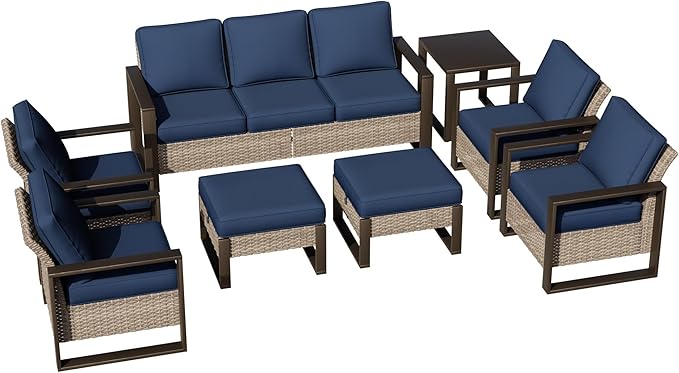 Joyside Outdoor Patio Chairs, 8 Pieces Wicker Rattan Furniture Set, 4 Patio Chairs, 1 Sofa, 2 Ottoman and 1 Table, Metal Wide Armrest, Thick Cushions and Deep Seating for Garden, Backyard, Porch