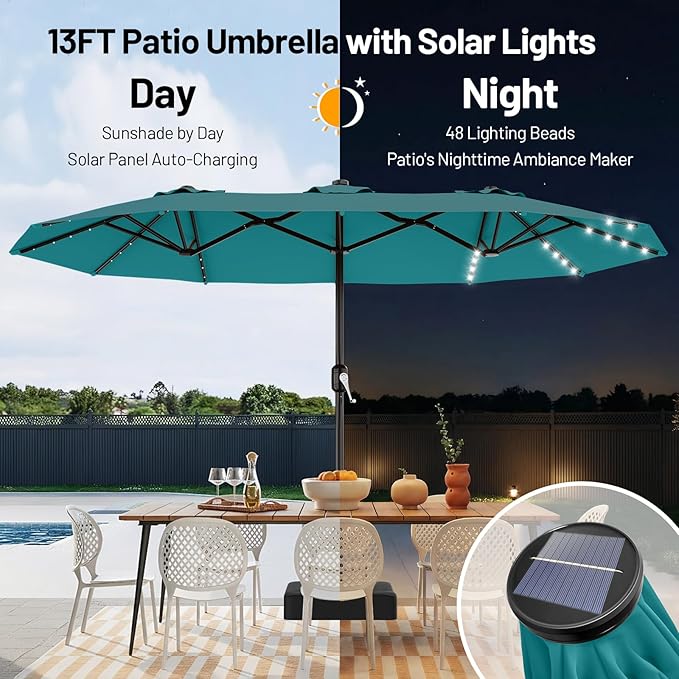 AreShark 13 FT Patio Umbrella with Solar Lights, Double-Sided Outdoor Table Umbrellas with Crank, Large Rectangular Market Umbrella for Porch, Lawn, Pool, Backyard, Lake Blue