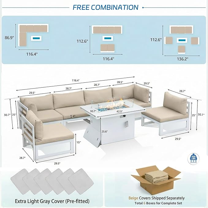 NICESOUL 6 People Large Luxury Aluminum Patio Conversation Set with Fire Pit Table Propane/Gas, 29" Deep Wide U Shaped Sectional Couch, 500 lbs Heavy Duty All Weather Outdoor Sofa for Backyard, Beige
