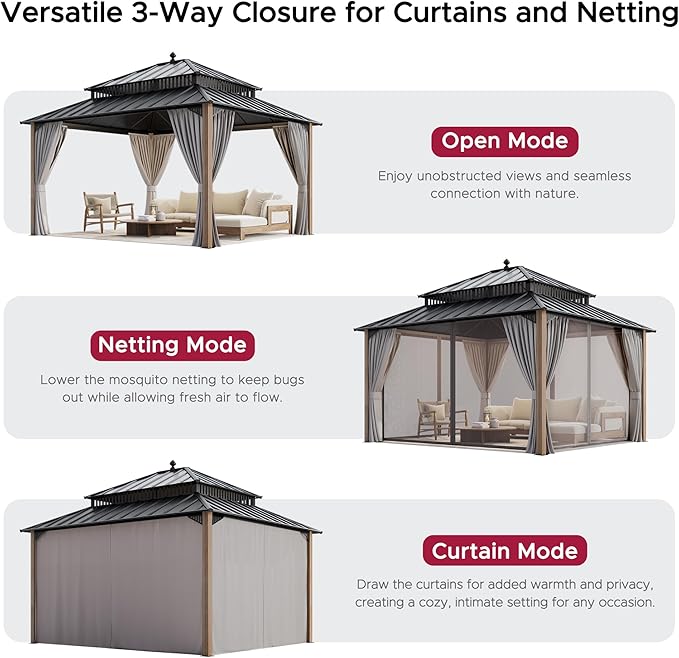 SUNJOY Kingston 14' x 12' Hardtop Wood Gazebo with Galvanized Steel Double Roof, Curtain and Netting, Cedar Posts Permanent Pavilion Gazebo for Garden, Patio, Deck, Lawn