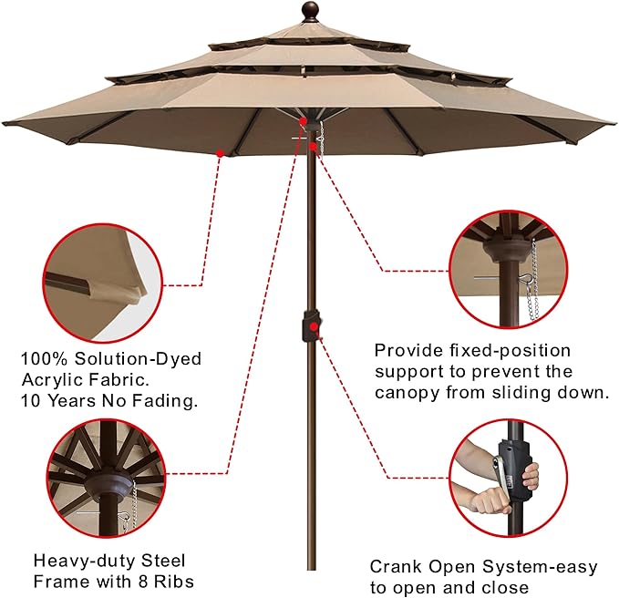 EliteShade USA 10-Year-Non-Fading 11ft 3-Tier Market Patio Umbrella, Commercial Grade Outdoor Table Umbrella with Crank Open, Windproof & UPF 50+ UV Protection, Heavy Duty Ventilation for Garden, Deck, Pool, Backyard, Beach & Bistro, No Tilt, Heather B...