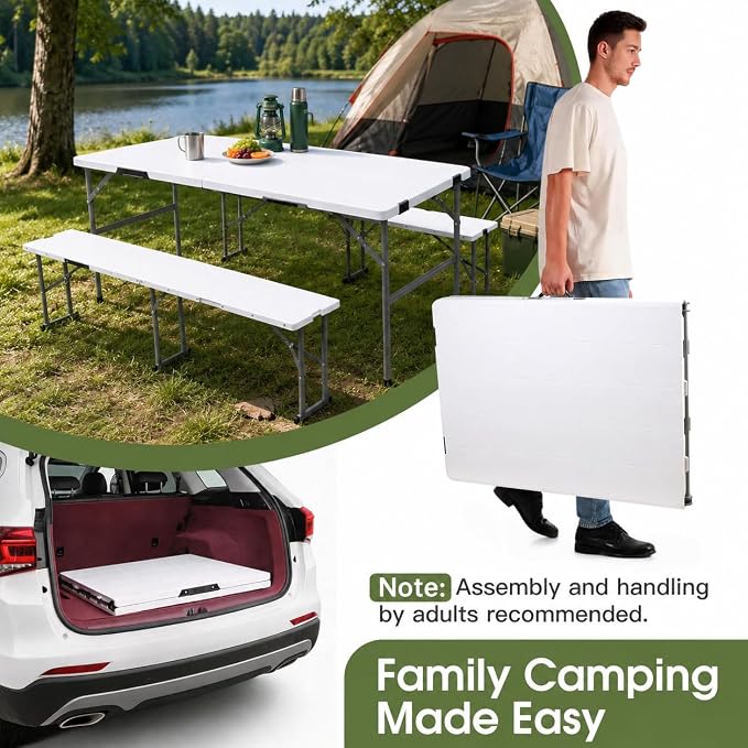Camping table folding table and chairs foldable picnic table Portable White | Folding Table and Bench Set: 6-ft portable picnic table with two attached benches. Ideal for camping,BBQ and outdoor events