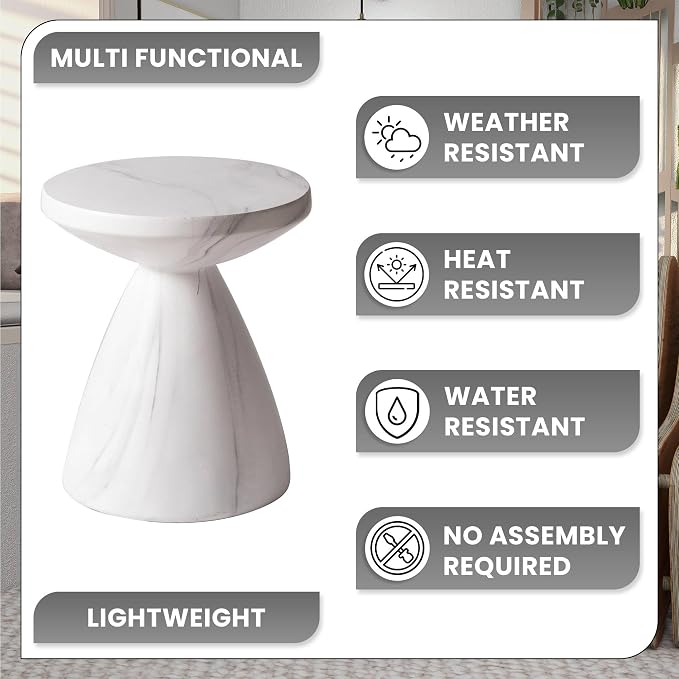 LeisureMod Modern Side Lightweight Fiberstone Top 20” Round Accent Table and Hourglass Pedestal Base for Outdoor, Home, Living Room Dune Series in Marble White