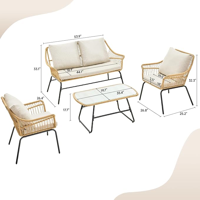 ONBRILL 4-Piece Patio Wicker Loveseat Sets, Boho Patio Furniture Set, Galvanized Iron Frame, Thickened Weather-Resistant Olefin Cushions, Tempered Glass Top, UV-Proof, Beige