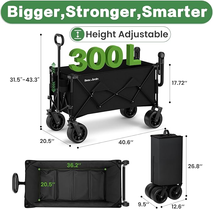 BEAU JARDIN Folding Push & Pull Beach Wagon 500 lbs Collapsible Foldable Wagons with Push Handle All Terrain Wheels Grocery Utility Camping Skiing Ice Fishing Sports Garden Wagon Cart Black