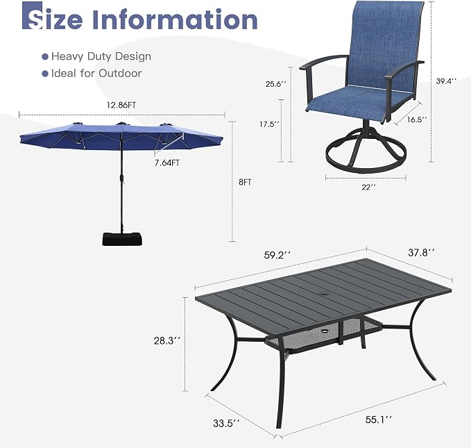 VICLLAX Outdoor Table and Chairs Set with Umbrella, Patio Dining Set of 59 Metal Patio Table with Umbrella Hole & 6 Swivel Outdoor Chairs, Blue Outdoor Umbrella for Backyard Lawn, Dark Blue & Black