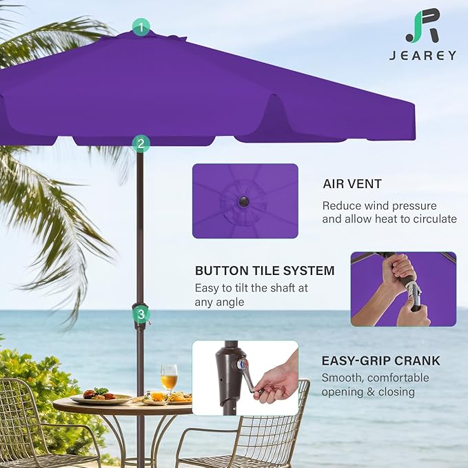 JEAREY 9 FT Patio Umbrella Outdoor, Table Umbrellas Market Umbrella w/Push Button Tilt/Crank, 8 Sturdy Ribs(Dark Purple)