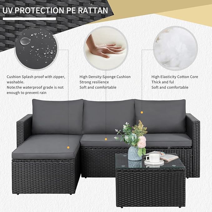 JAMFLY 3-Piece Outdoor Sectional Sofa Set with Glass Coffee Table, All-Weather PE Wicker Patio Furniture with Thick Cushions, Modular Conversation Set for Small Balcony, Deck & Porch, Grey