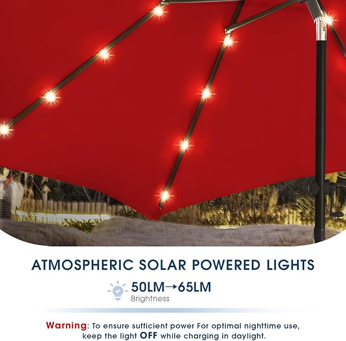 wikiwiki 9FT Solar Led Patio Umbrella with Base Included, 32 LED Lights, 8 Sturdy Ribs, Fade Resistant Waterproof POLYESTER DTY Canopy for Garden, Lawn, Deck, Backyard & Pool, Red