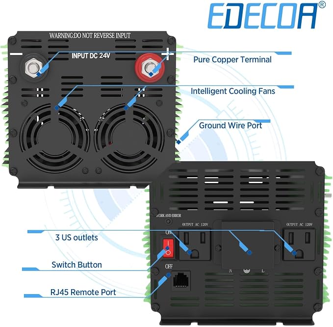 EDECOA 24V 3000 Watts Power Inverter DC 24V to 120V 110V AC with LCD and Dual USB Remote Controller ET-RC Remote Controller