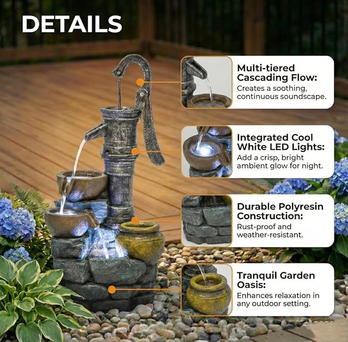 32" H Large Outdoor Fountains with LED Lights Vintage Pump Ideal for Patio Yards Outdoor Gardens and Home Art Decor Crafted from Weather-Resistant Resin Materials