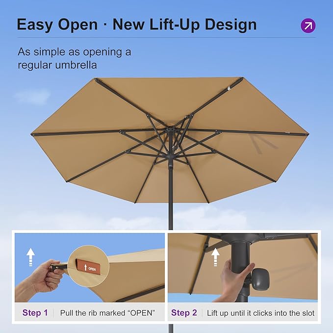 PURPLE LEAF 10Ft Round Semi-Auto Outdoor Patio Umbrella Aluminium Market Umbrella Table Sun Umbrella with 1.89" Rod and 8 Sturdy Ribs for Deck Lawn Pool Garden, Beige