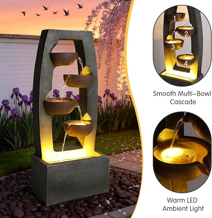 37.6" Modern 4-Bowl Outdoor Water Fountain with LED Lights and Pump, Floor Standing Waterfall Feature Outdoor Garden Fountain for Garden, Patio, Porch, Yard and Backyard Decor, Grey