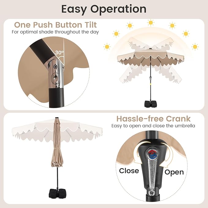 Tangkula 9 FT Solar Patio Umbrella with Base Included, 2-Tiers Outdoor Scalloped Table Umbrella with 32 LED Lights, 2 Sandbags, Tilt Adjustment, Crank, 8 Ribs for Market Backyard Pool Deck Beach Lawn