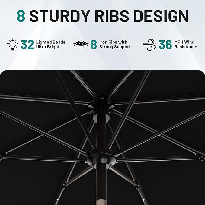 AreShark 12FT Large Patio Umbrella with Solar Lights, Solar Powered Outdoor Umbrella with Crank, Patio Table Market Umbrellas for Garden, Deck, Backyard, Pool and Beach, Black