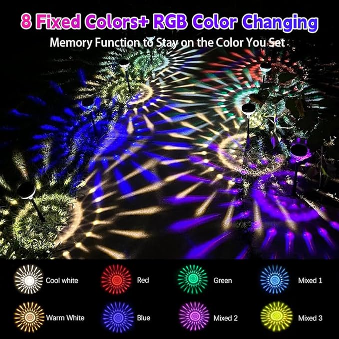 JNOEC 2Pack Solar Pathway Lights Outdoor, Color Changing+8 Fixed Color (Warm White, Cool White, Colored) Solar Lights Outdoor, Bright Solar Powered Garden Light