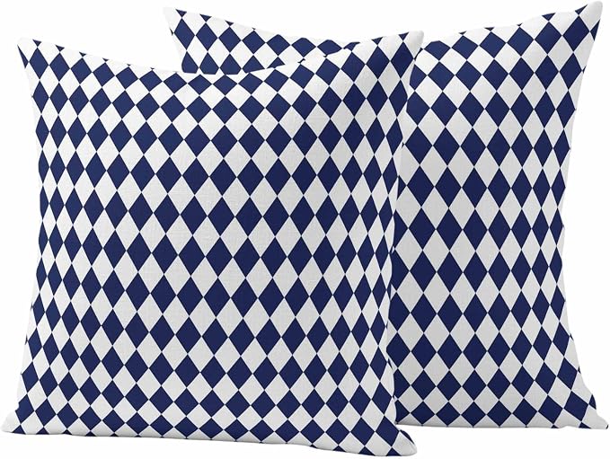 Outdoor Throw Pillow Cover Modern Geometric Buffalo Plaid Waterproof Cushion Covers 2 Pack Abstract Blue White Diamond Pillow Cases Home Decoration for Patio Garden Couch Sofa