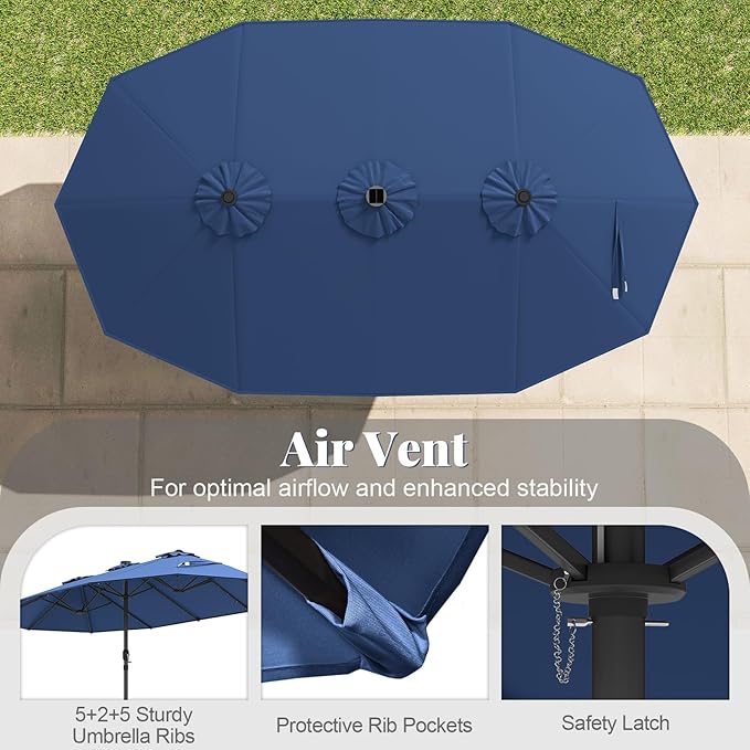 Tangkula 15FT Double-Sided Solar Patio Umbrella, Extra-Large Outdoor Twin Umbrella with 48 LED Lights, Vented Top, Crank Handle, 12 Ribs, Weighted Base Included for Backyard Poolside Deck (Navy)