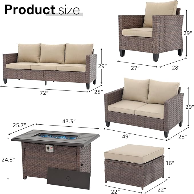 SUNSITT Outdoor Patio Furniture Set with Fire Pit Table 7 Piece Wicker Conversation Set with 43in Propane Firepit Sectional Dining Set 3 Seat Sofa Couch with Ottoman, Brown Wicker & Beige Cushion