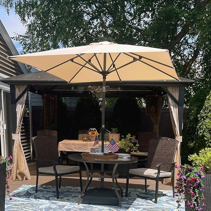 PURPLE LEAF 6.5' x 6.5' Square Patio Market Umbrella with Base Outdoor Table Umbrellas Aluminum Frame Sun Shade with 8 Sturdy Ribs Tilt for Garden Deck Lawn Pool Beige