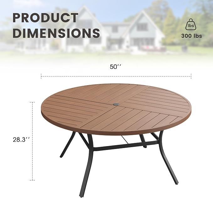 50" Outdoor Dining Table with Adjustable Umbrella Hole, Metal Slatted Round Patio Dining Table for Backyard Garden Deck, Walnut