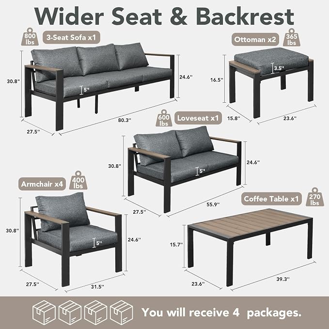 Patio Furniture Set 11 Seats and Coffee Table, 9 Pieces Patio Conversation Set with Thick Cushion, Ottomans, Deluxe Aluminum Modern Outside Sectional for Porch, Balcony, Deck, Yard, Light Gray
