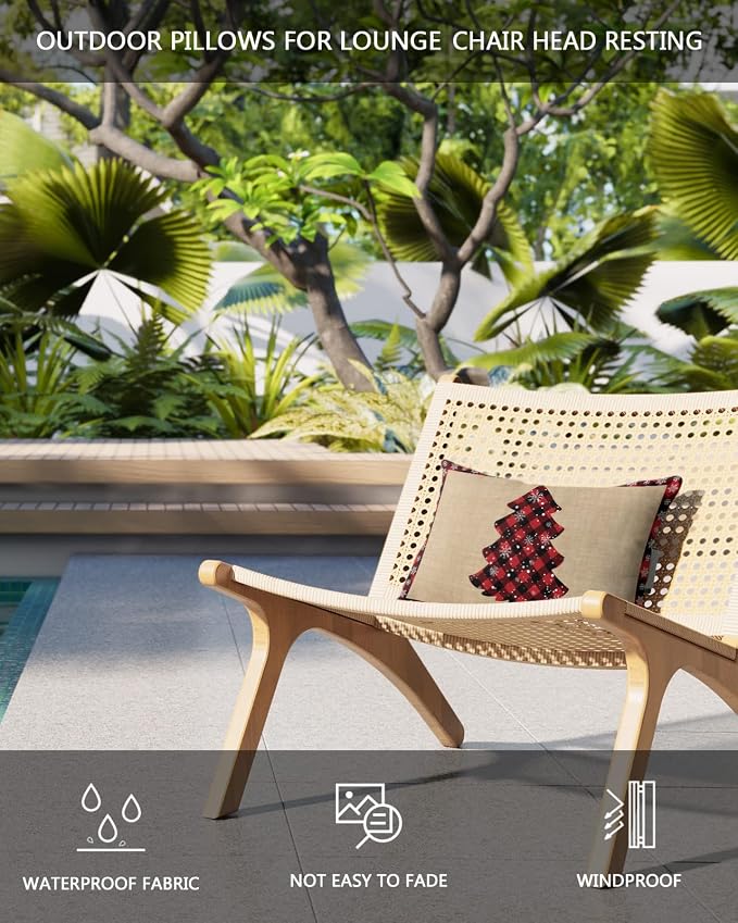 Outdoor Pillows Covers with Inserts Christmas Red and Black Buffalo Tree and Snowflake Waterproof Pillow with Adjustable Strap Throw Pillows for Patio Furniture Recliner Lounge Chair, 12x20 inch, 2PCS