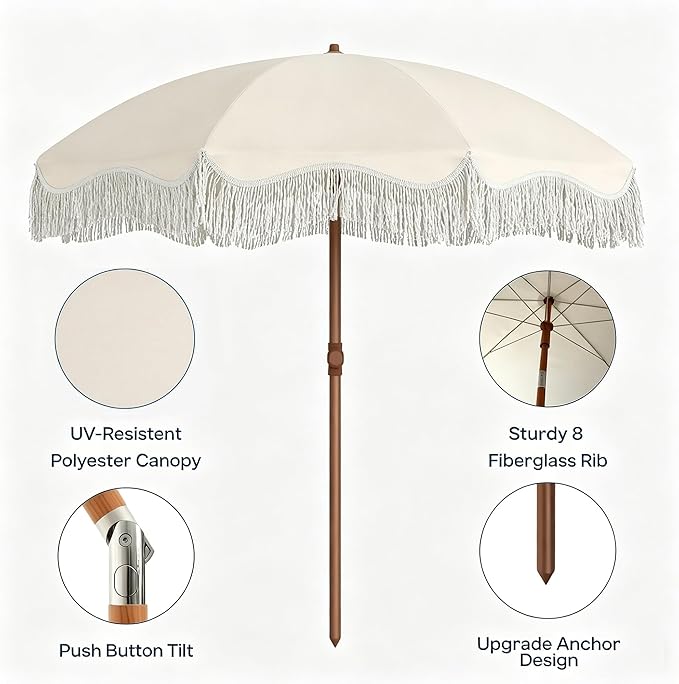 7FT Patio Umbrella with Fringe, Outdoor Tassel Umbrella with Fiberglass Ribs, Boho Beach Umbrella, Push Button Tilt and Carrying Bag, UPF50+