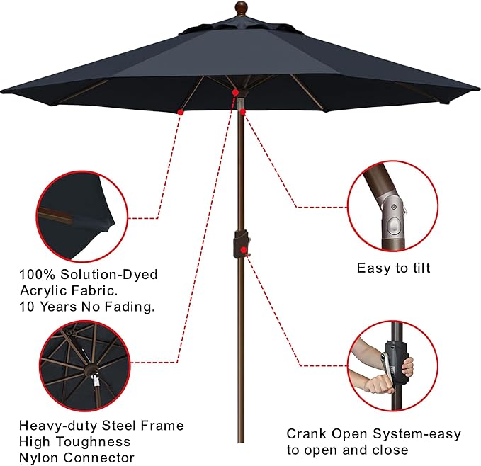 EliteShade USA 10-Year-Non-Fading 9Ft Market Patio Umbrella, UPF 50+ UV Protection Performance Sun Umbrella, Heavy Duty Commercial Grade Outdoor Table Umbrella with Crank & Tilt, Windproof Vented Top for Garden, Pool, Deck and Outdoor Playsets, Black