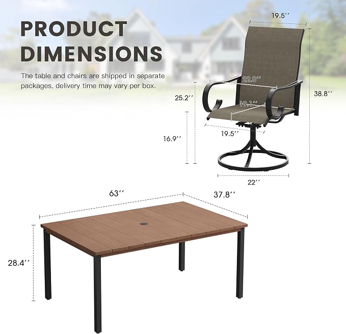 7 Pieces Patio Dining Set, 6 Outdoor Swivel Dining Chairs with 63" Rectangle Metal Outdoor Dining Table with Umbrella Hole for Garden Backyard Deck, Mixed Brown & Walnut