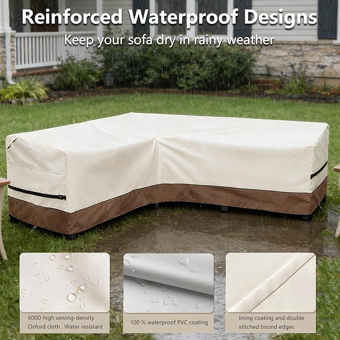 okcool Outdoor Sectional Sofa Cover Waterproof-L-Shaped Patio Furniture Covers for 6-Seater Outdoor Sectional Furniture Couch 85"(110''L) x 32''D x 31''H, Beige & Brown