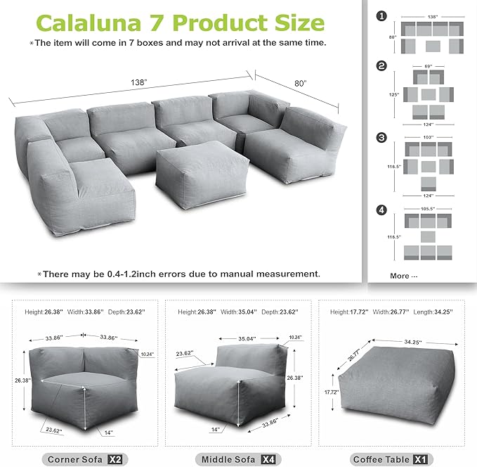 Patio Furniture Set Bean Bag 7 Pieces Outdoor Chairs Sectional Conversation Patio Set Daybed Furniture Outdoor Sofa Couch High Density Foam Filling Modern Comfy Patio Couch, Dark Gray