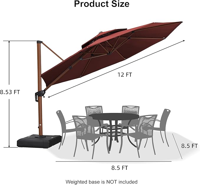 PURPLE LEAF 12ft Patio Umbrella Outdoor Round Large Cantilever Umbrellas Windproof Offset Umbrellas Heavy Duty Sun for Garden Deck Pool Patio, Brick Red